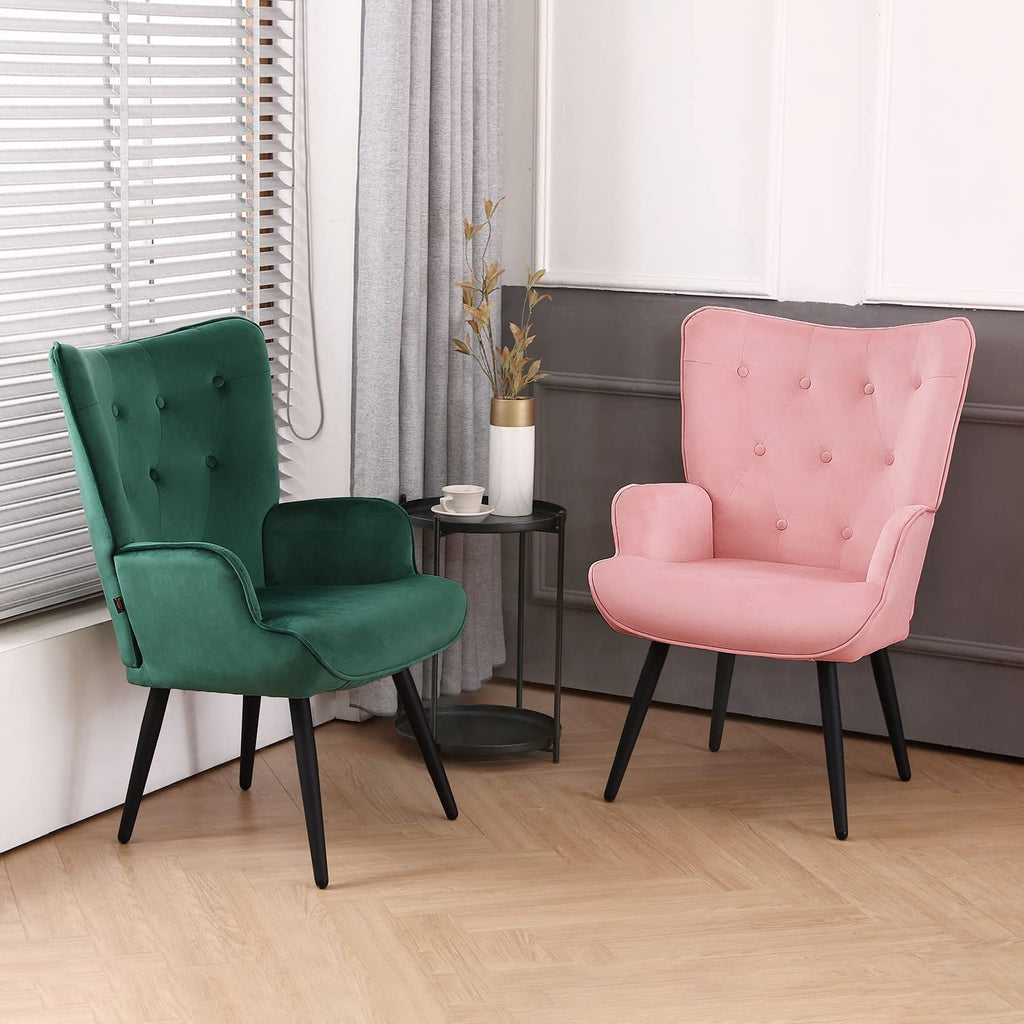 Pink Velvet Tufted Wingback Accent Chair with Solid Metal Legs O329131