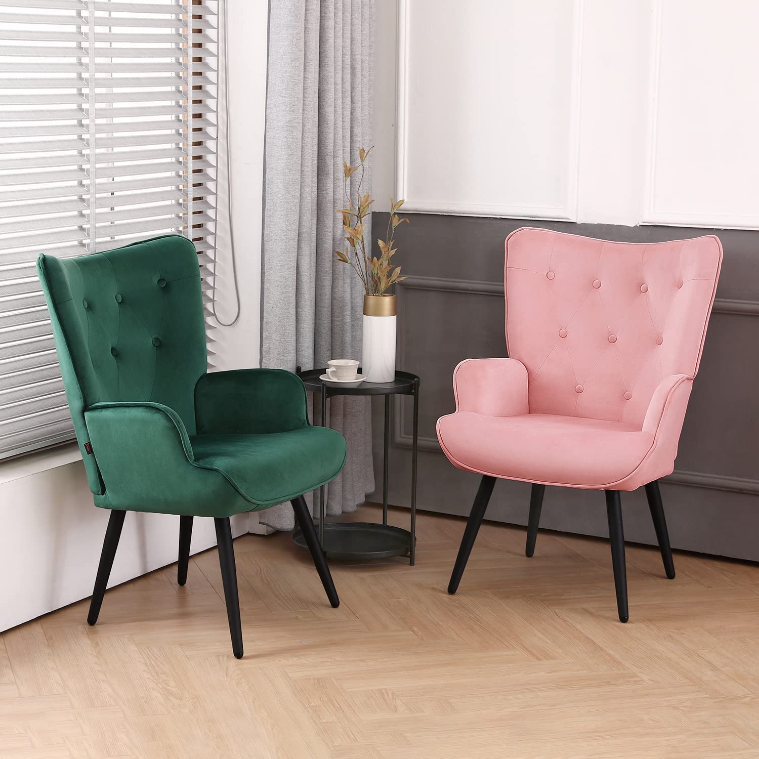 Pink Velvet Tufted Wingback Accent Chair with Solid Metal Legs O329131