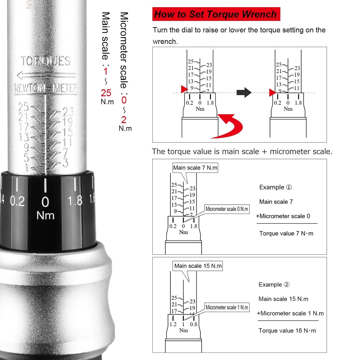 1/4" Drive Click Torque Wrench Set 1-25 Nm Bicycle Tool Kit M57826