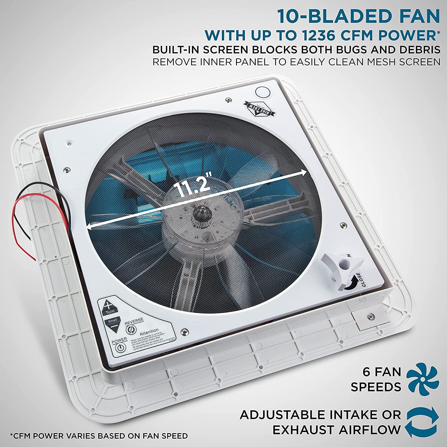 14” RV Roof Vent Fan with Light, Manual, White & Gray U1578