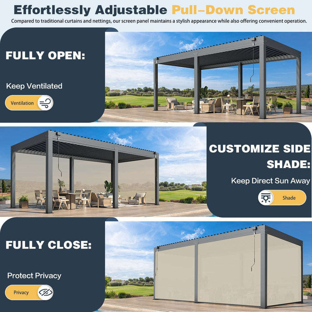 10'×20' Aluminum Louvered Pergola with 6-Panel Pull-Down Privacy Screen T4305