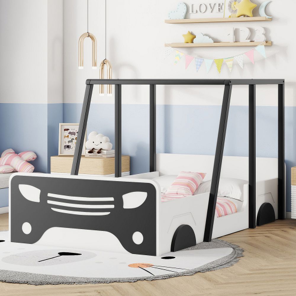 Black Wooden Twin Car-shaped Bed with Roof, Wheels, and Door Z90349