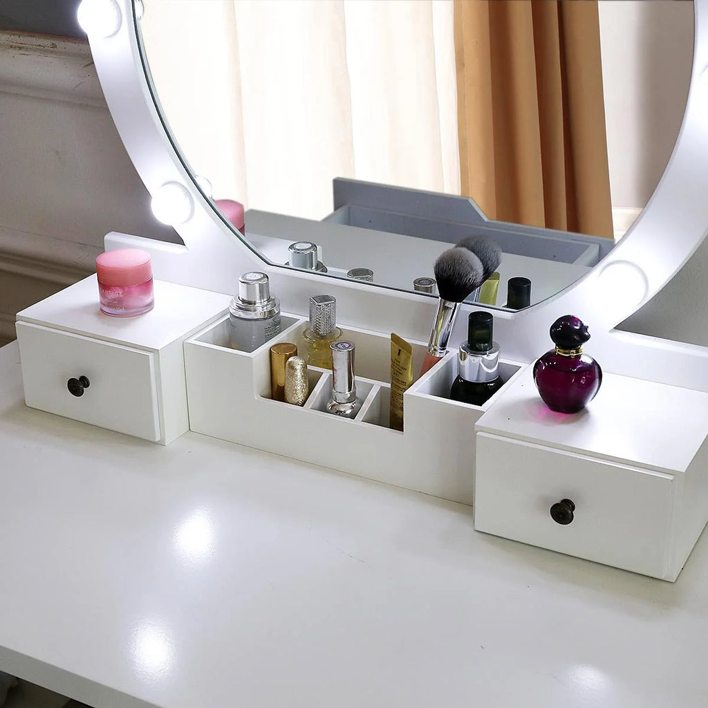 White Round Makeup Vanity Table with Lighted Mirror and Cushioned Stool D228