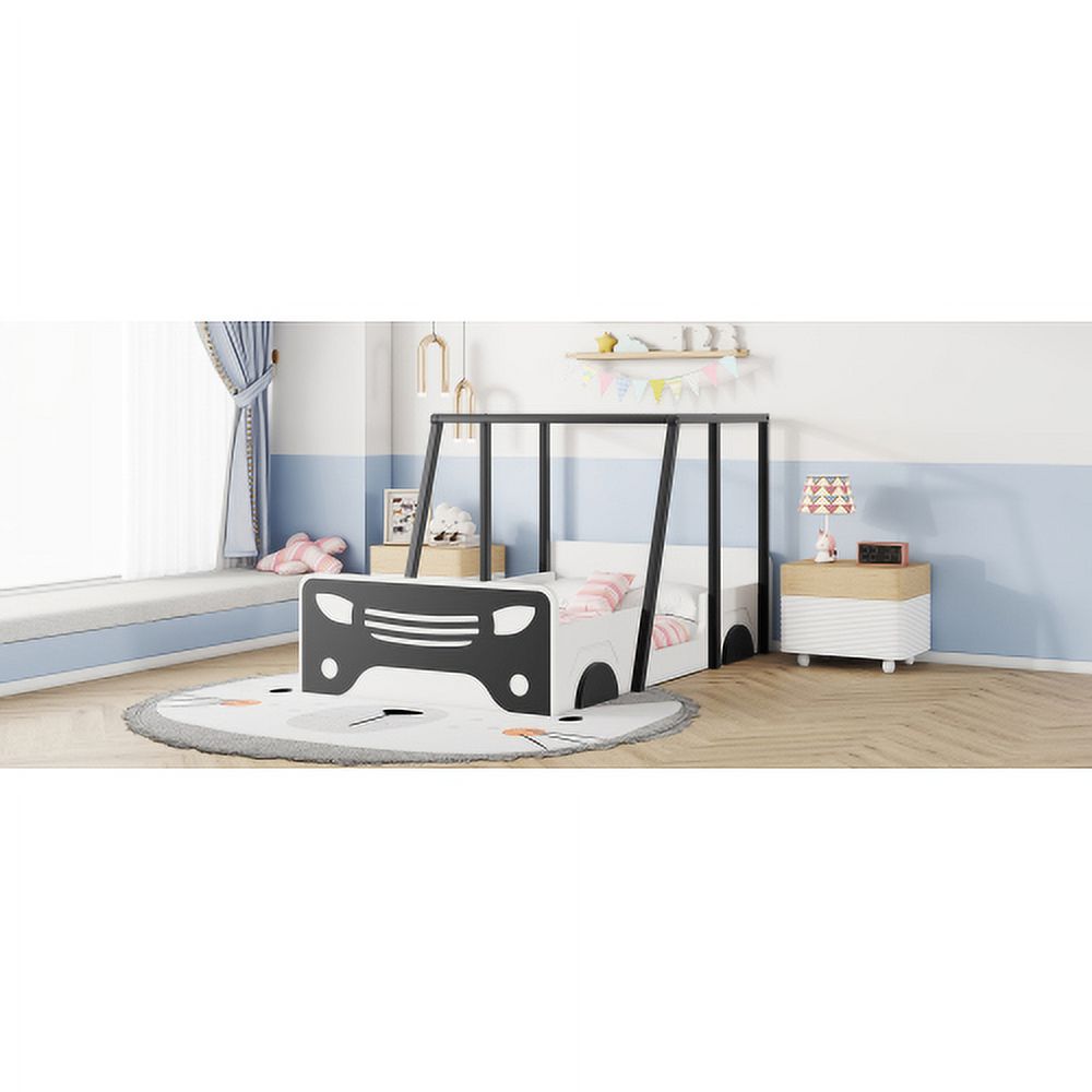 Black Wooden Twin Car-shaped Bed with Roof, Wheels, and Door Z90349
