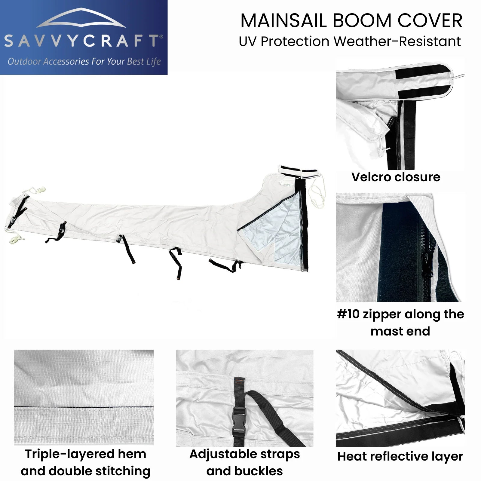 White 600D Waterproof Mainsail Boom Cover, Boom Length 11'-12' J415349