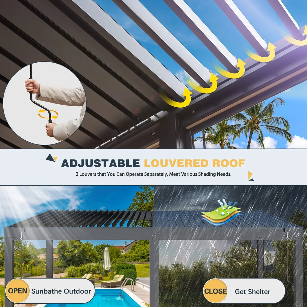10'×20' Aluminum Louvered Pergola with 6-Panel Pull-Down Privacy Screen T4305