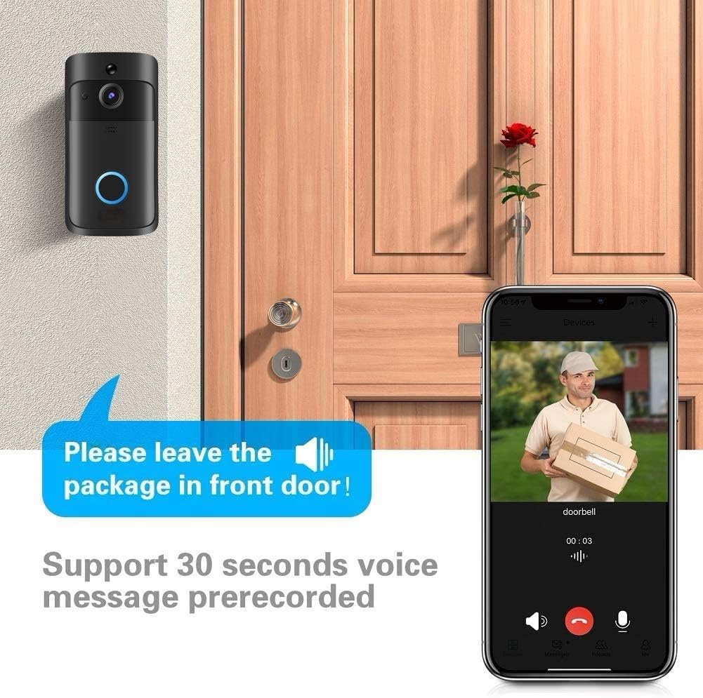 WiFi Video Doorbell Camera HD Wireless Security Camera with Wireless Chime, Rechargeable Batteries, 2-Way Audio, Night Vision, Motion Detect, 166° Wide View V192922