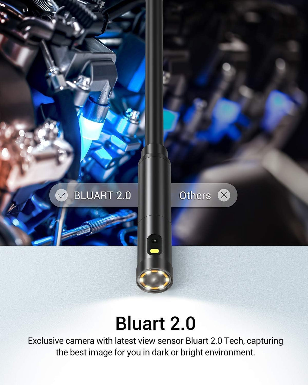 Dual-Lens 1080P HD Inspection Camera with Light, 7.9mm Industrial Borescope IP67 Waterproof, 16.5ft Semi-Rigid Cable H50438