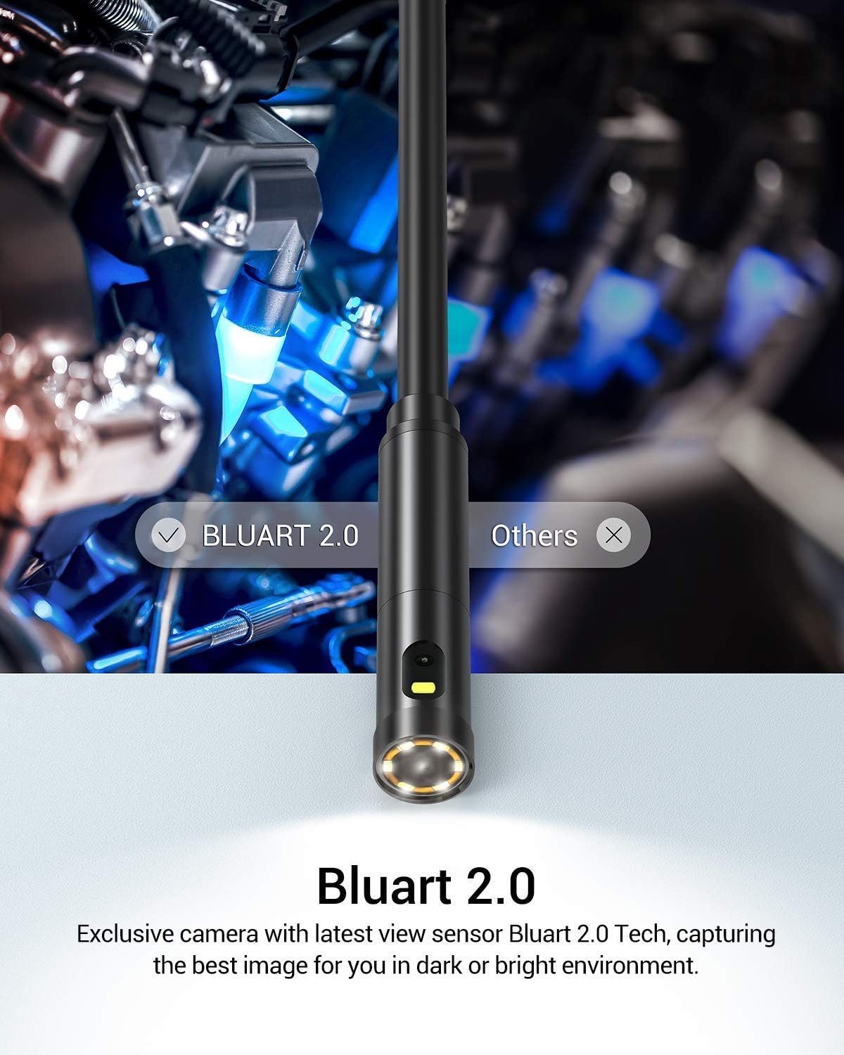 Dual-Lens 1080P HD Inspection Camera with Light, 7.9mm Industrial Borescope IP67 Waterproof, 16.5ft Semi-Rigid Cable H50438