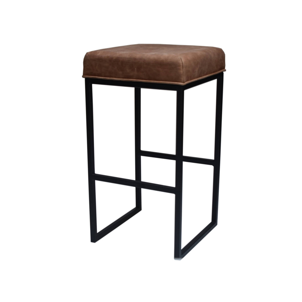 Leather Backless Barstool Brown Seat - Black S486