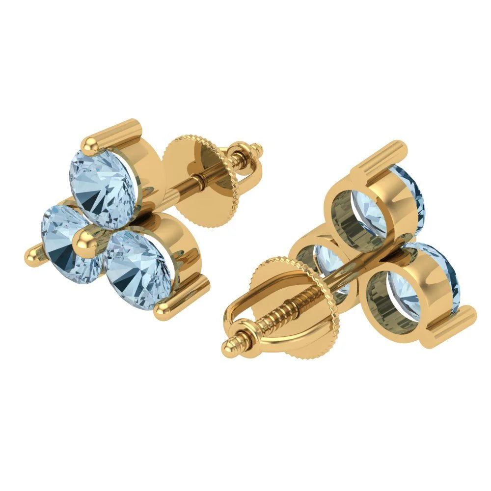 Yellow Gold Solitaire Stud Earrings, 3.0 Ct Round Cut Simulated Blue Diamond, 14K, Screw Back B80026