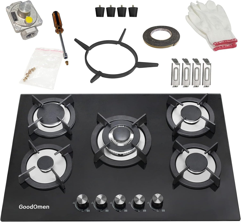 30 Gas Cooktop with 5 Sealed Burners, Tempered Glass, Cast Iron Grates B44921