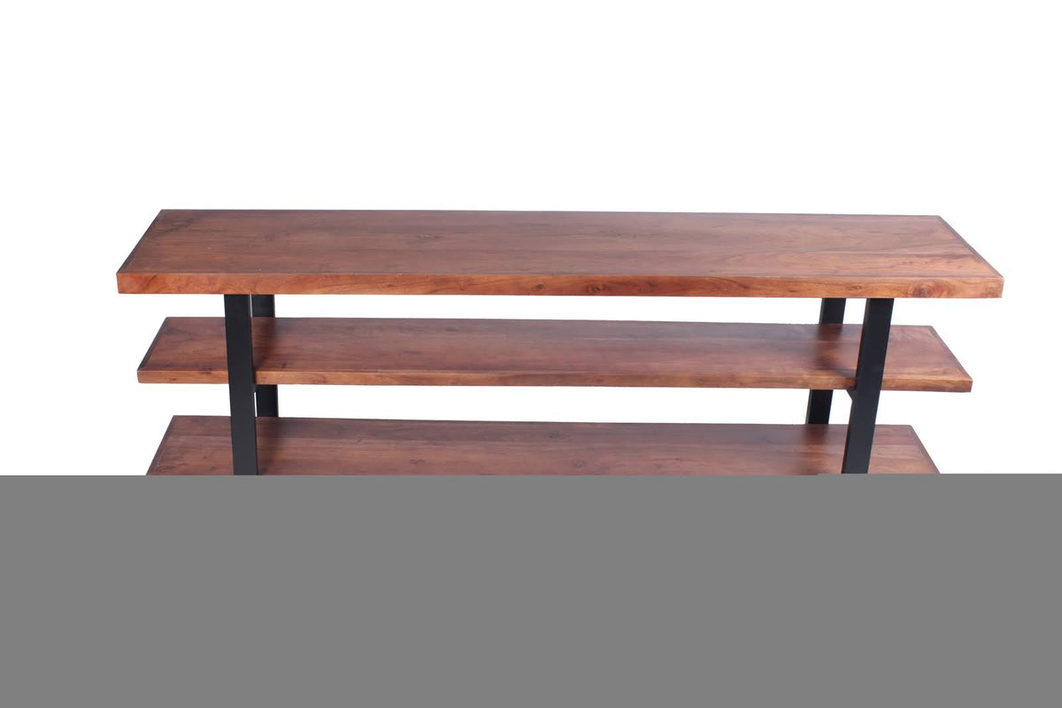 Brown and Black Mango Wood and Iron Console Table with Three Shelves J2441
