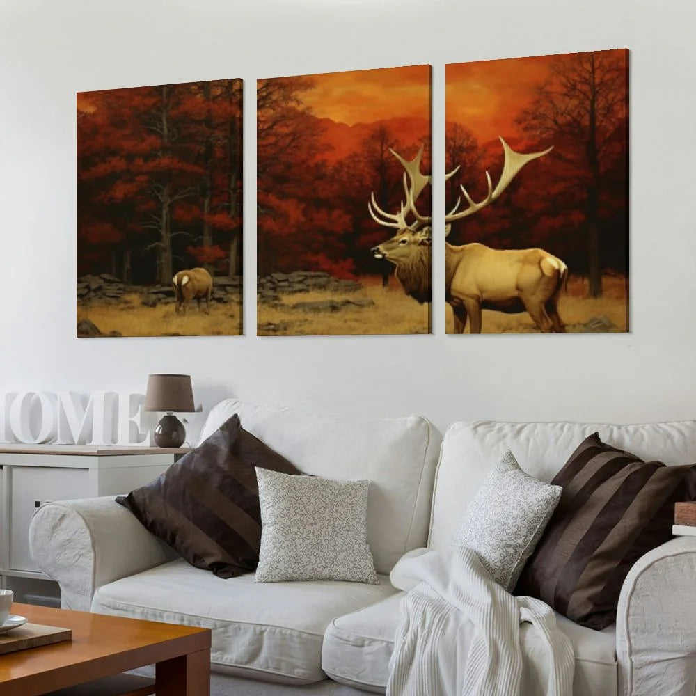 Deer Elk Forest Canvas Wall Art Painting Prints 12''x16'' 3 Panels M746757