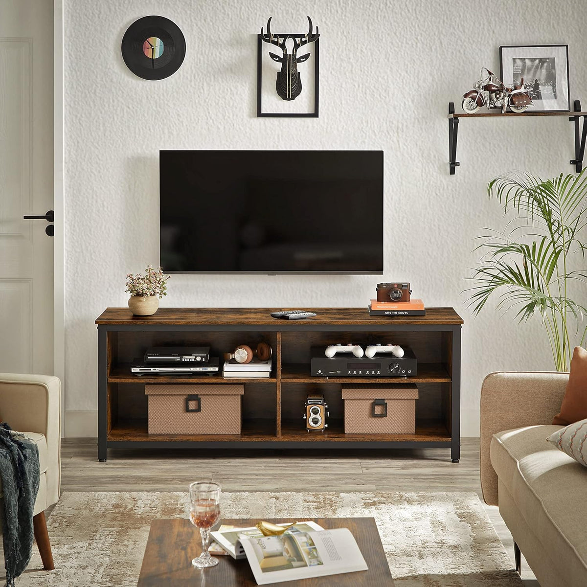 Rustic Brown and Black TV Stand with 4 Cubby and Adjustable Shelves R467