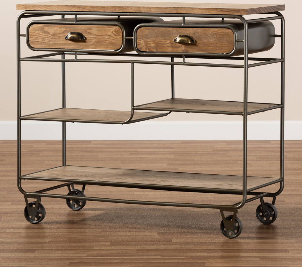 Oak Brown Wood and Black Metal 2-Drawer Kitchen Cart N62541