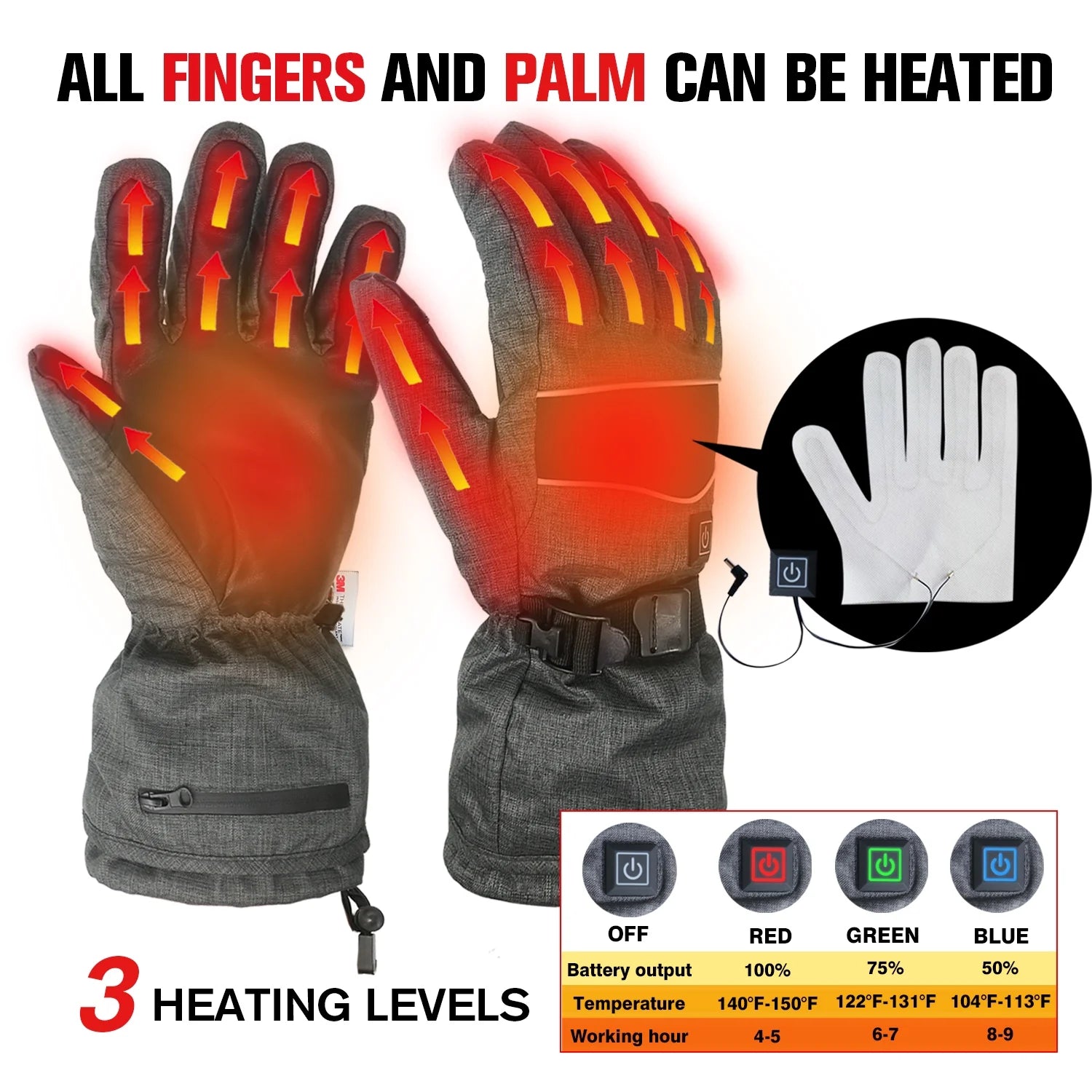 Heated 3M Thinsulate Thermal Winter Gloves with 2 Rechargeable Battery Grey Z3371