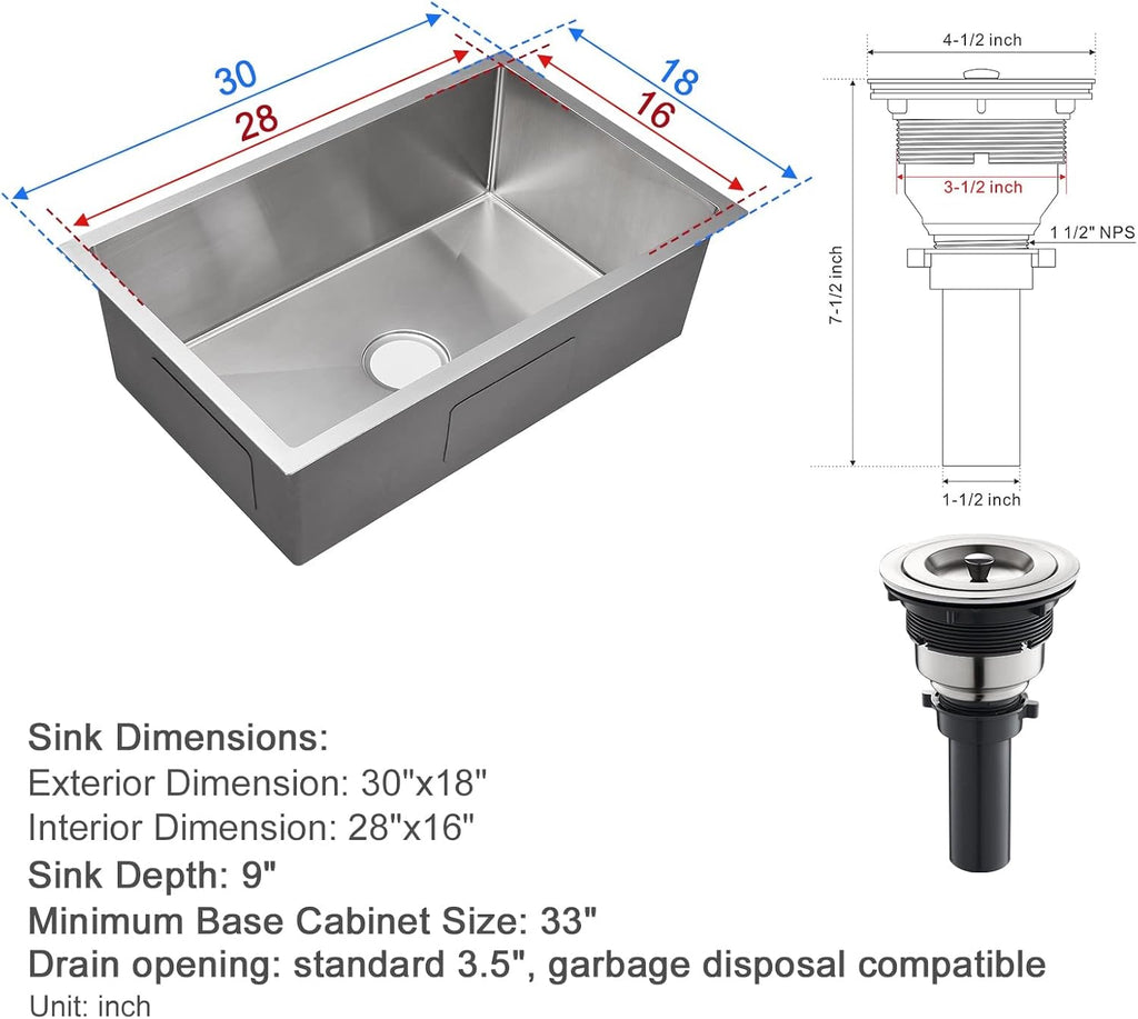 30 x 18 inch Undermount Stainless Steel Kitchen Sink Z895040