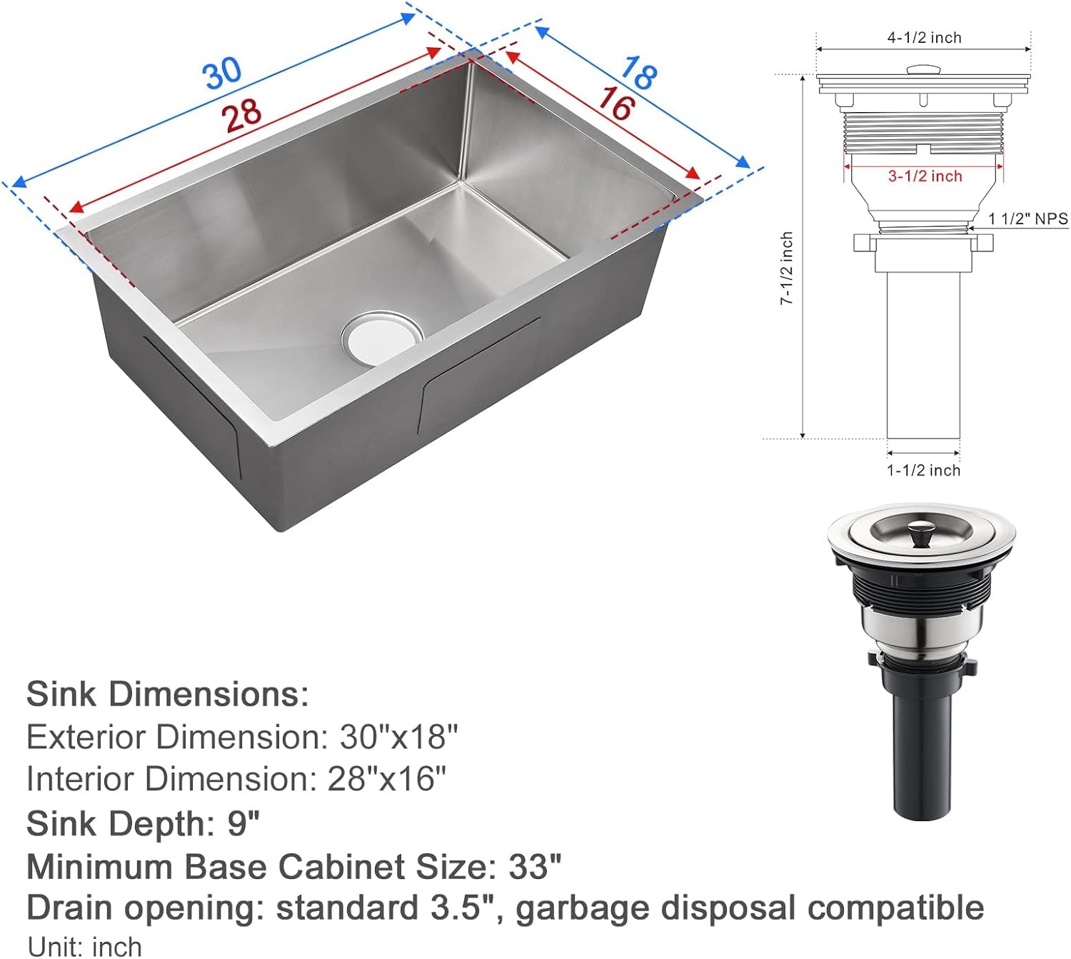 30 x 18 inch Undermount Stainless Steel Kitchen Sink Z895040