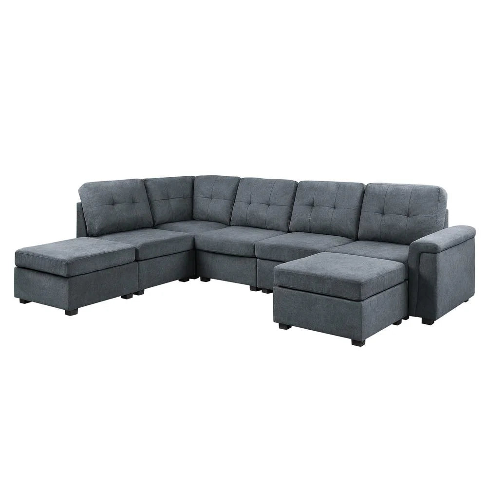 Gray Woven Fabric 7-Seater Sectional Sofa with Ottomans I334