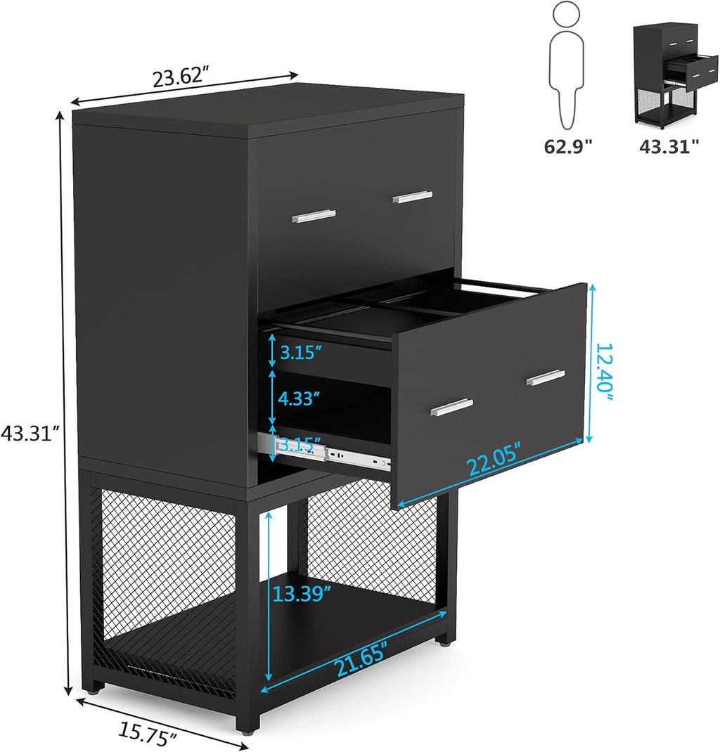 2 Drawer Lateral File Cabinet with Metal Wire Storage Shelves (Black) T3317
