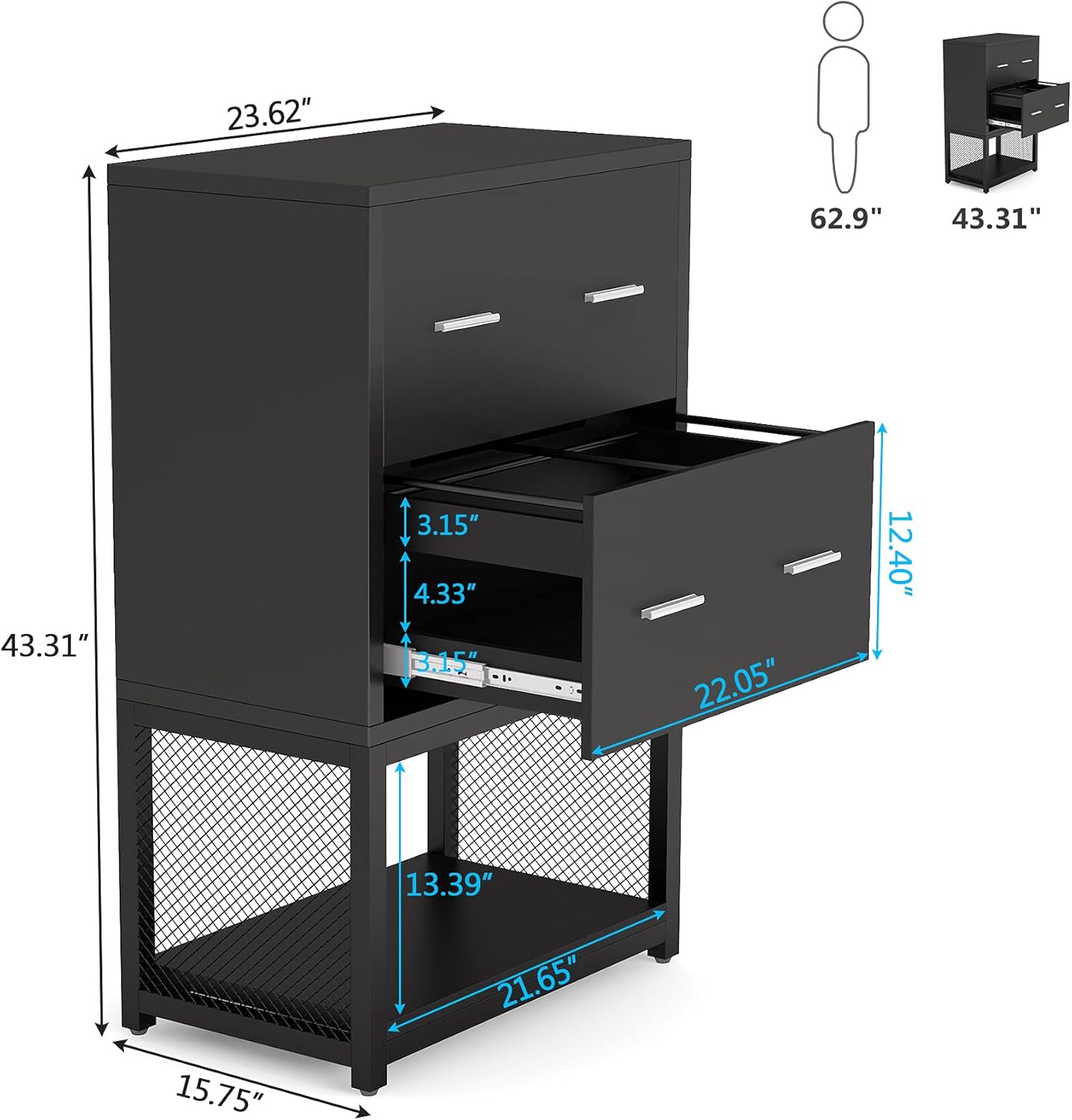 2 Drawer Lateral File Cabinet with Metal Wire Storage Shelves (Black) T3317
