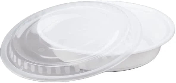 48oz 25 Pack White 9" Round Microwavable Plastic Container with Lid Q131