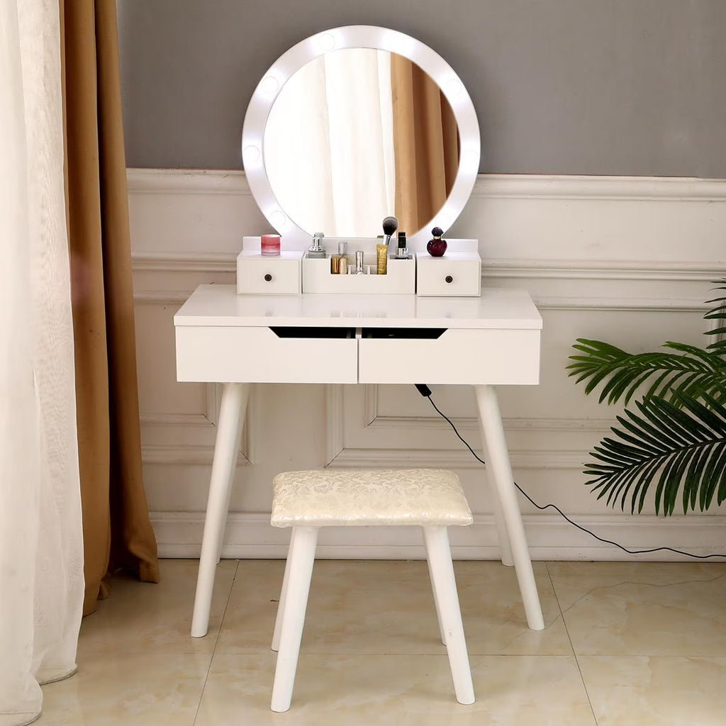 White Round Makeup Vanity Table with Lighted Mirror and Cushioned Stool D228