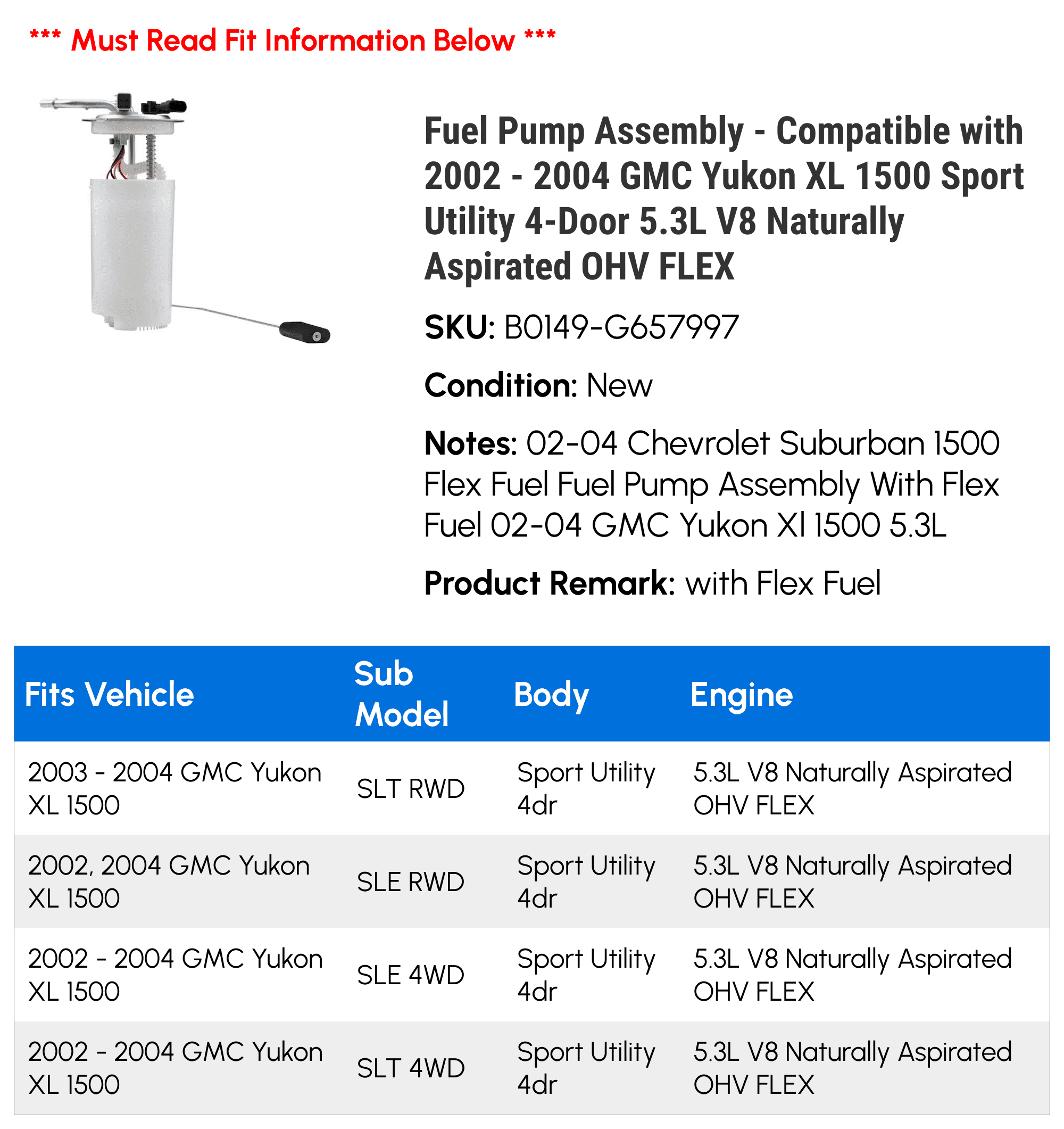 Fuel Pump Assembly Compatible with 2002-2004 GMC Yukon XL 1500 5.3L V8 O641425