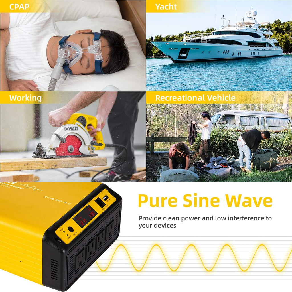 1200W Pure Sine Wave Power Inverter DC 12V to AC 110-120V with Remote Control Cable K2631