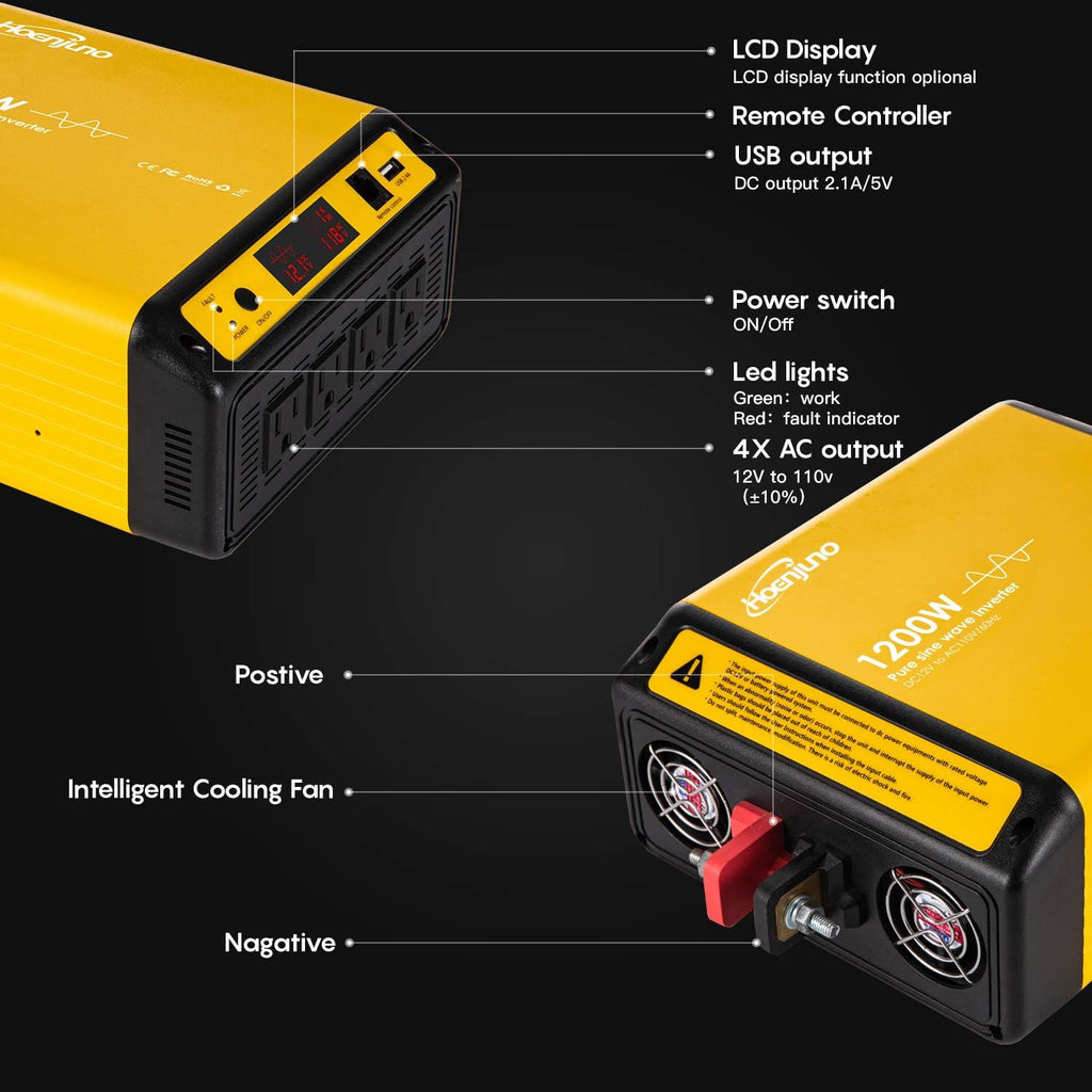 1200W Pure Sine Wave Power Inverter DC 12V to AC 110-120V with Remote Control Cable K2631