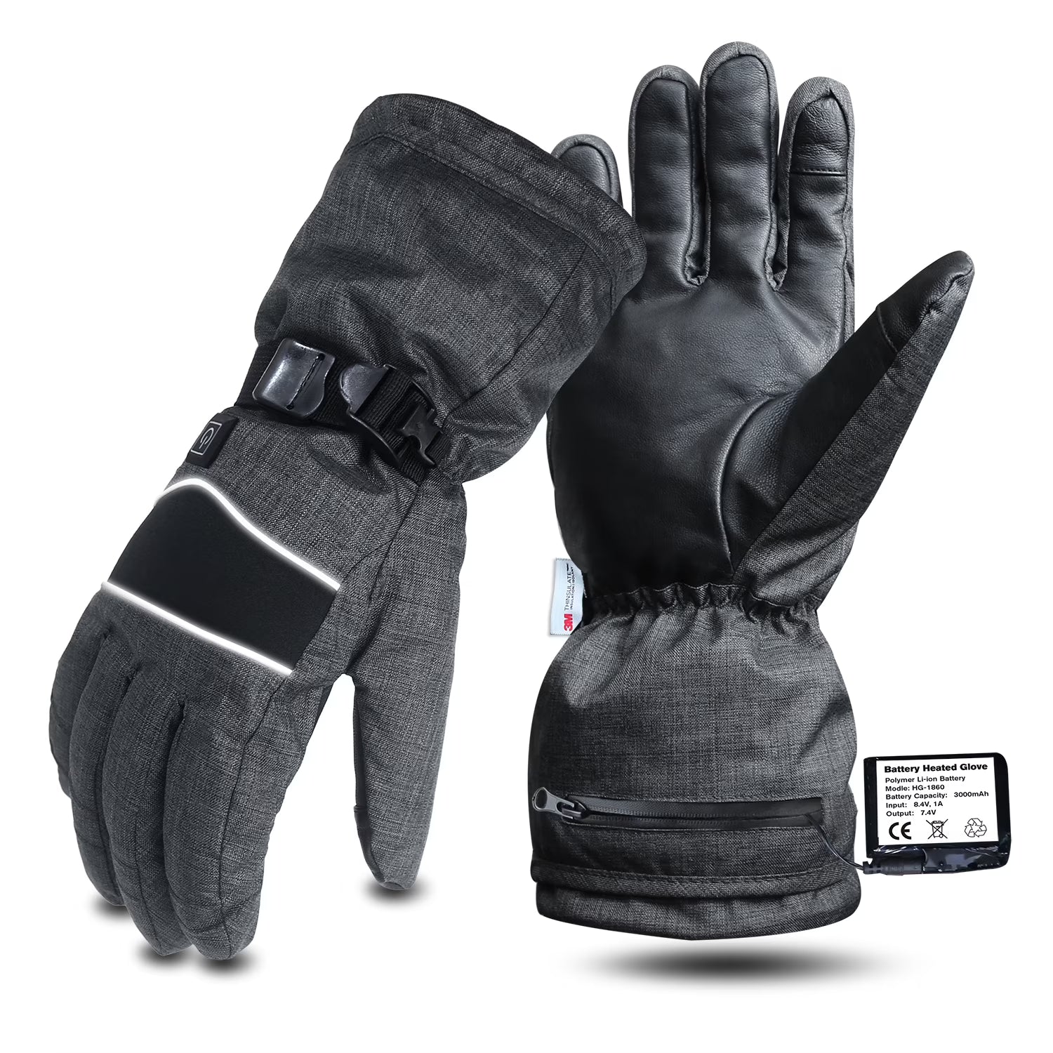 Heated 3M Thinsulate Thermal Winter Gloves with 2 Rechargeable Battery Grey Z3371