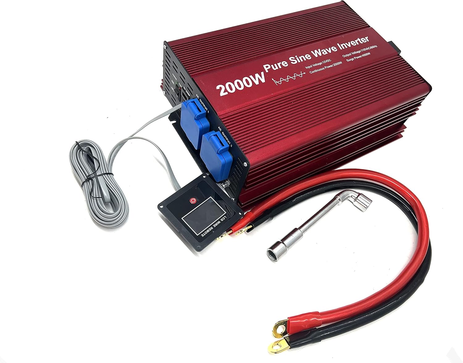 2000W Pure Sine Wave Inverter 12V to 120V AC with 2 AC Outlets, DC5V 2 Amp USB Output, LCD Wire Remote Kit and OFC Battery Cables E120