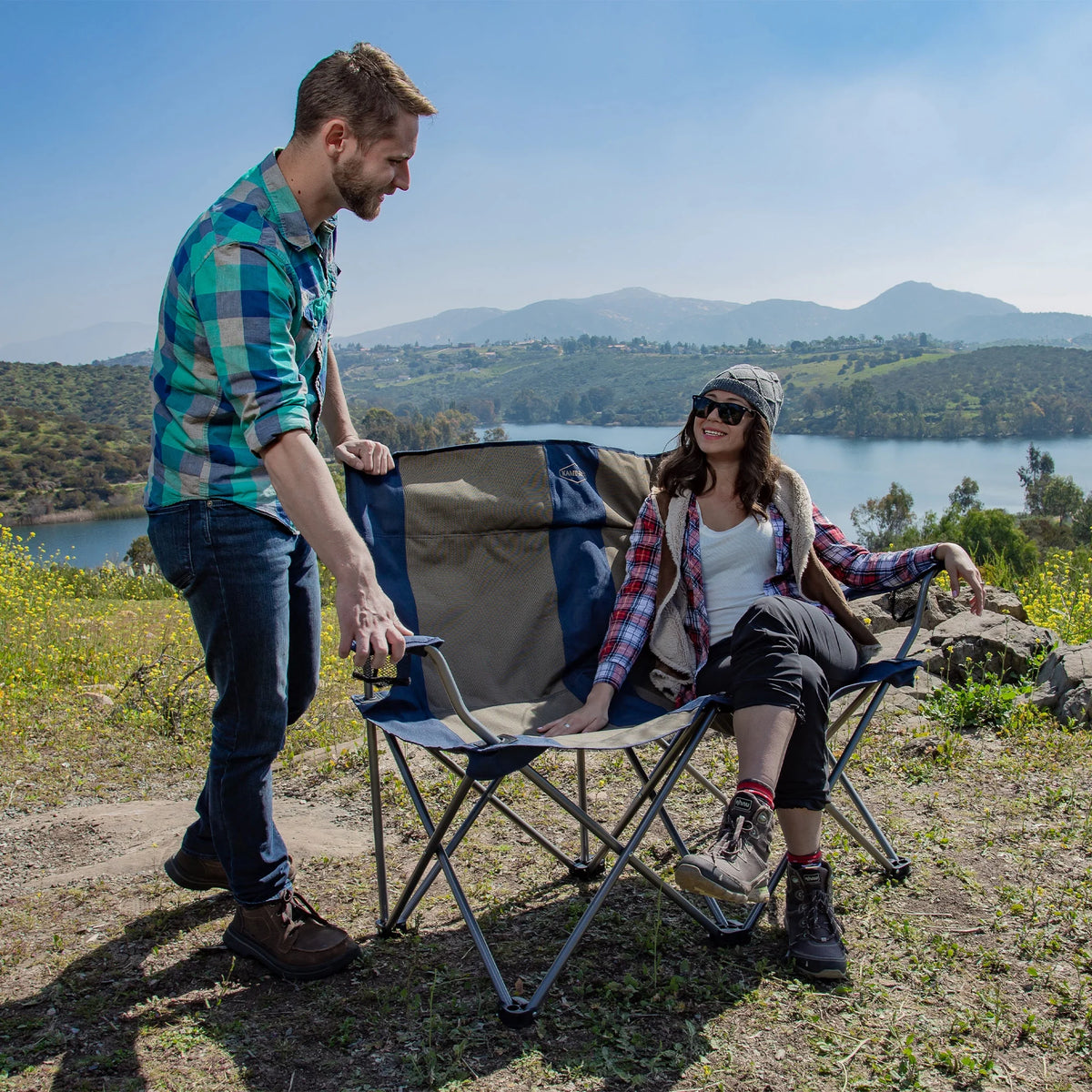 Navy/Tan Portable Double Folding Camp Chair W809294