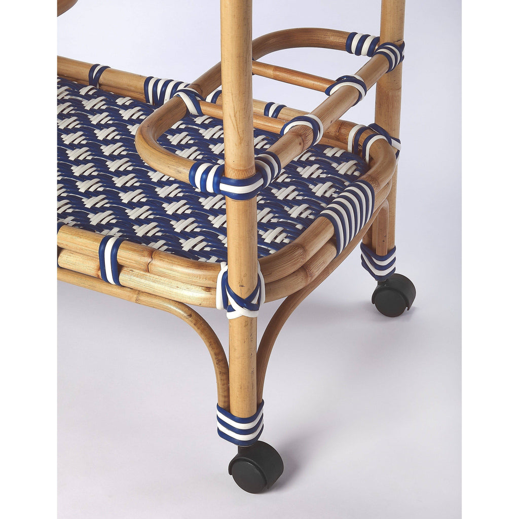 Blue & White Rattan Bar Cart K86822