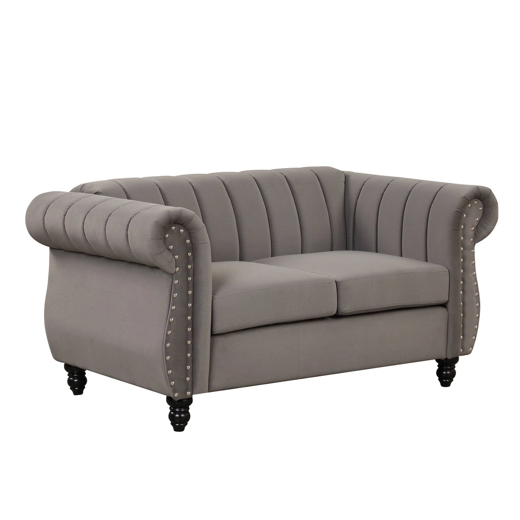 Gray Buttoned Tufted Sofa with Solid Wood Legs D6134