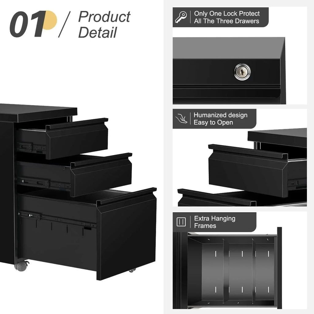 Black 3 Drawer Metal File Cabinet with Lock F135