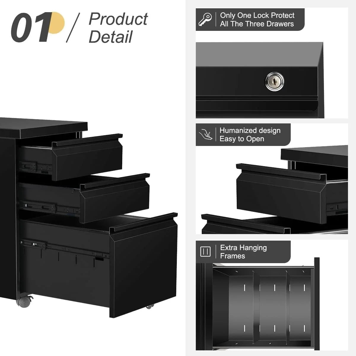 Black 3 Drawer Metal File Cabinet with Lock F135
