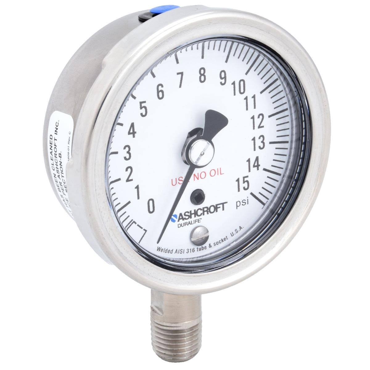 Pressure Gauge, 0 to 15 Psi, 2-1/2In, 1/4In J17526