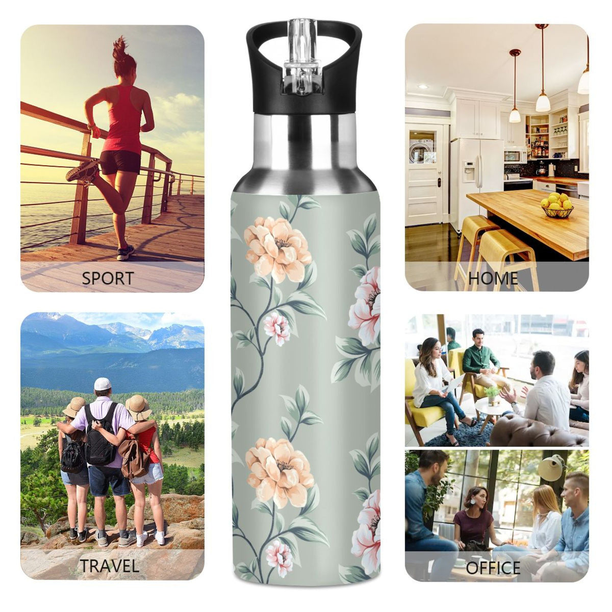 Pink Flowers Stainless Steel Insulated Water Bottle with Straw Lid L917