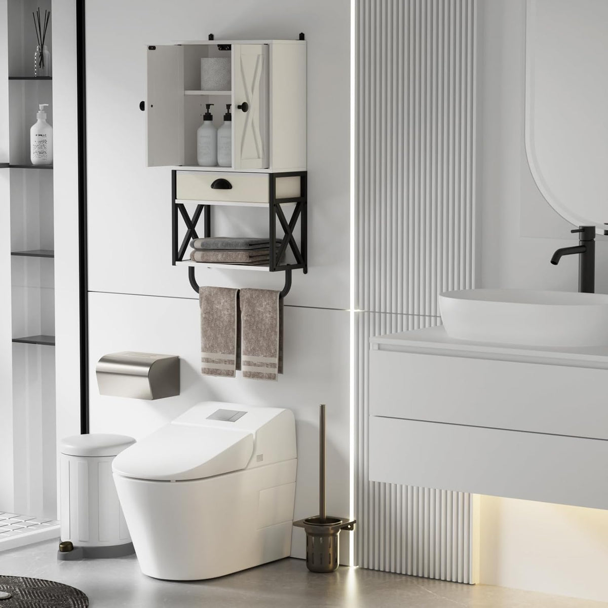 White 3-Tier Wooden Wall Cabinet with 2 Door and Adjustable Shelf R295