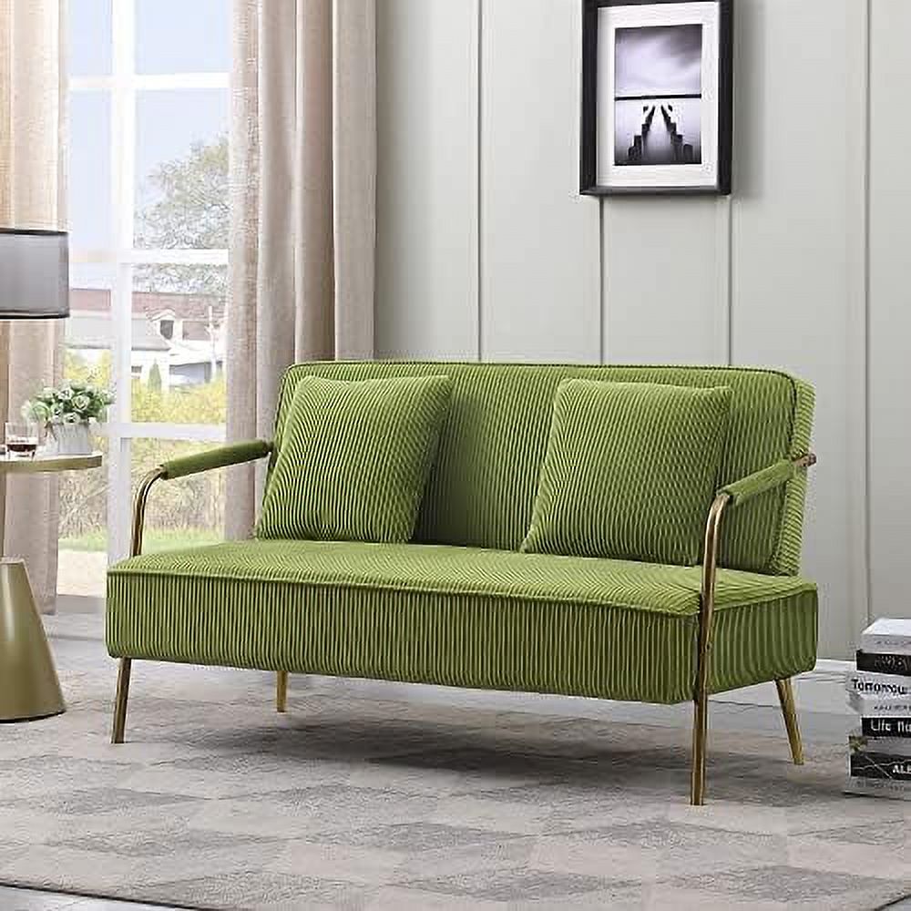 55" Pleated Velvet Loveseat Sofa with 2 Throw Pillows and Gold Metal Legs P70265