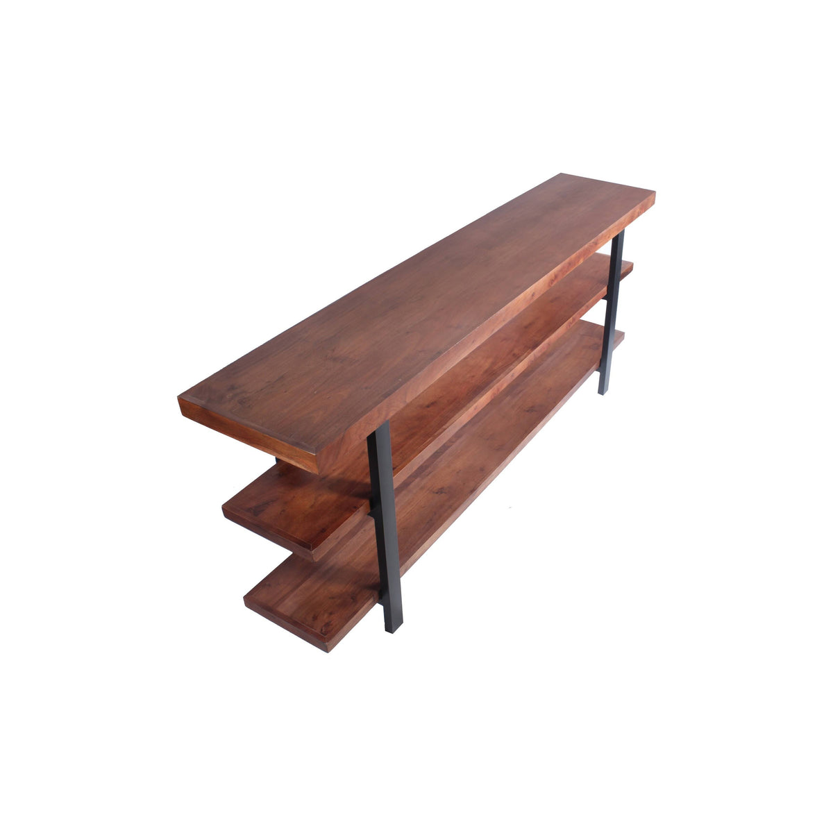 Brown and Black Mango Wood and Iron Console Table with Three Shelves J2441