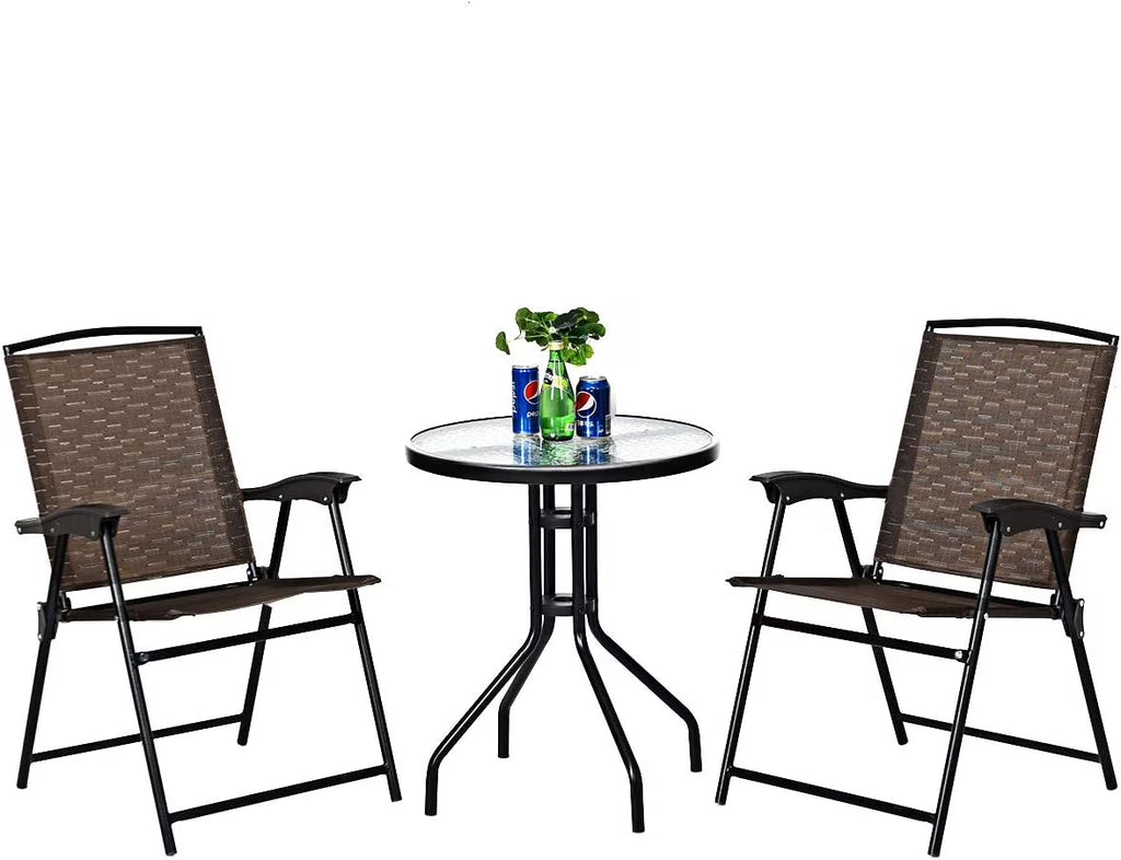 3-Piece Patio Bistro Set with Round Tempered Glass Table and 2 Foldable Chairs N376722