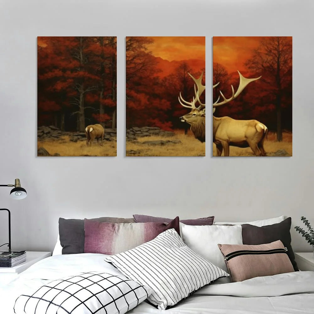 Deer Elk Forest Canvas Wall Art Painting Prints 12''x16'' 3 Panels M746757