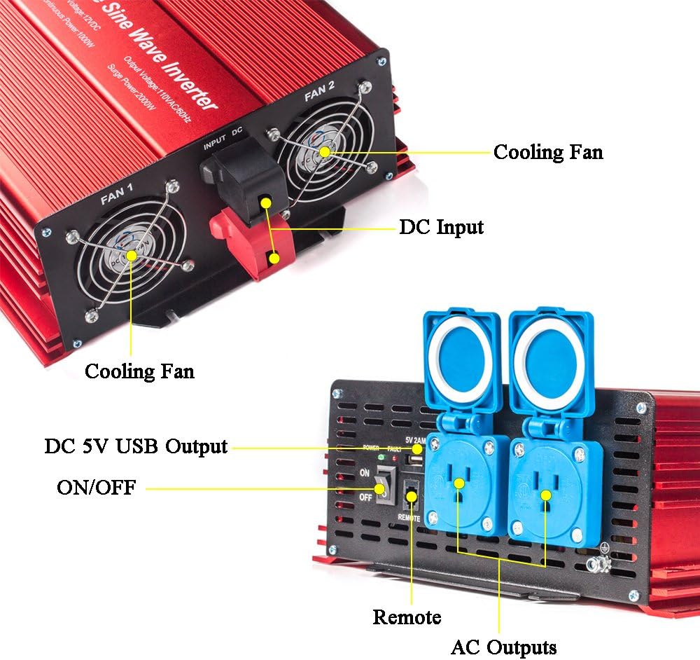 2000W Pure Sine Wave Inverter 12V to 120V AC with 2 AC Outlets, DC5V 2 Amp USB Output, LCD Wire Remote Kit and OFC Battery Cables E120