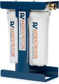 RV Water Filter System with Universal Blue Cage Mounting Bracket and Brass Hose Fittings F1733
