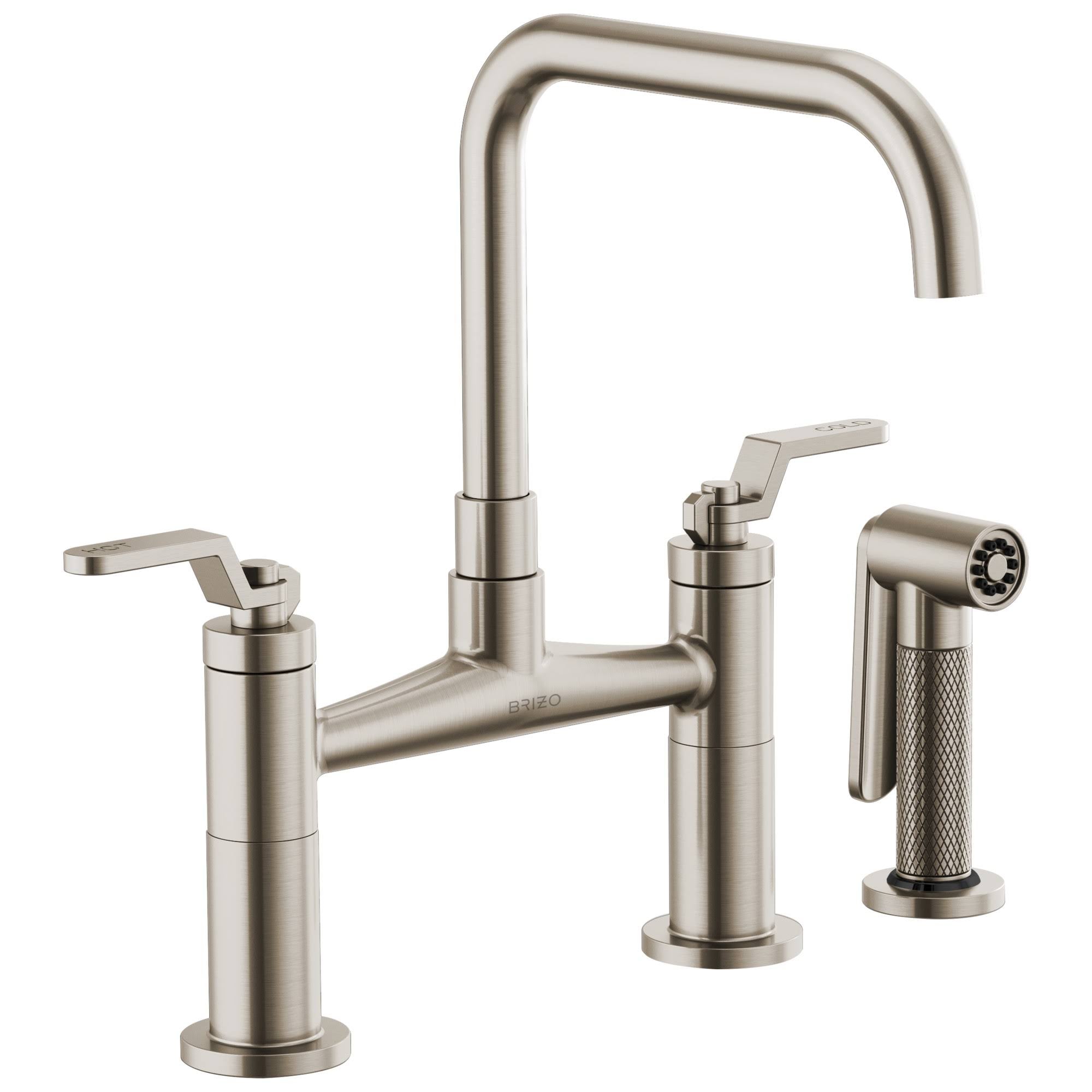 Stainless Bridge Faucet with Square Spout and Industrial Handle S53765