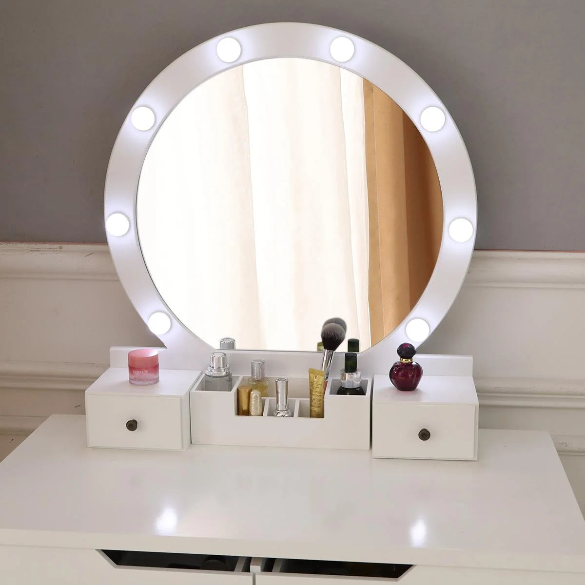 White Round Makeup Vanity Table with Lighted Mirror and Cushioned Stool D228