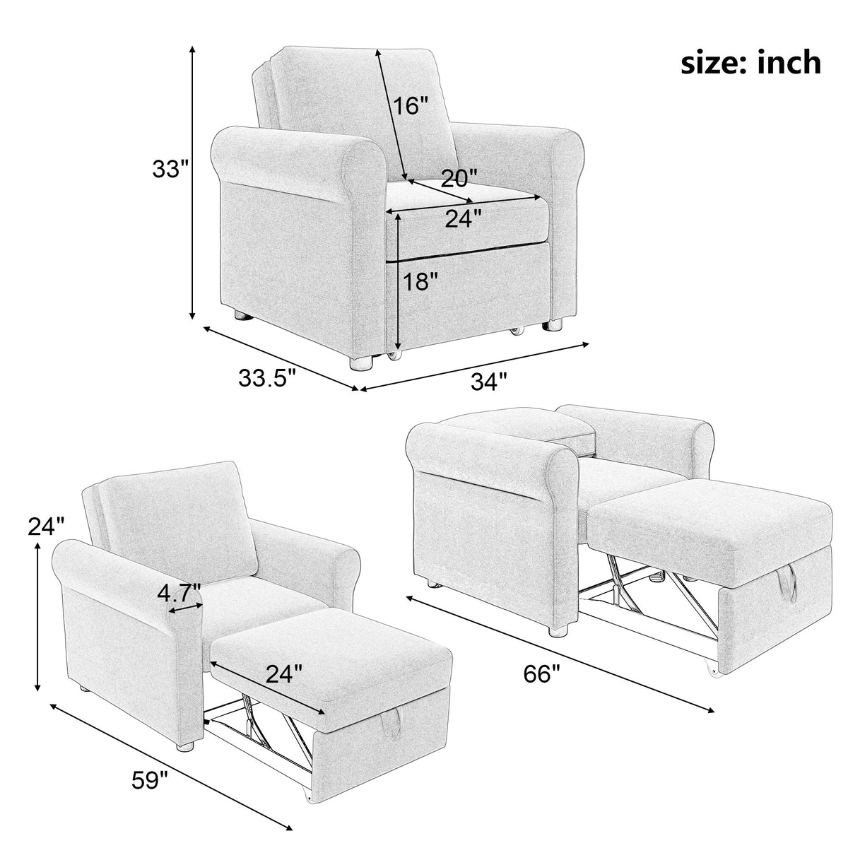 Dark Blue 3-in-1 Convertible Sofa Bed Chair S299